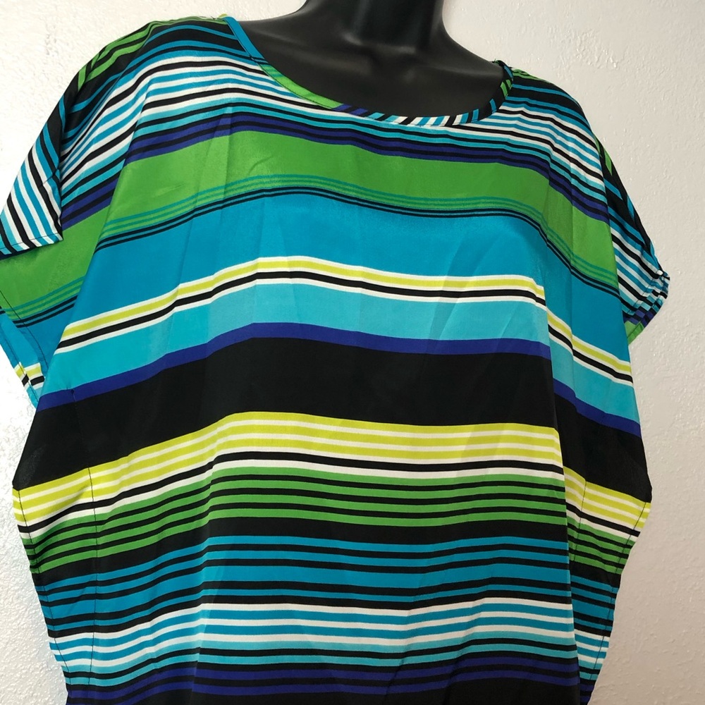 COMO Black batwing shirt blouse blue striped Sz M - Picture 2 of 10